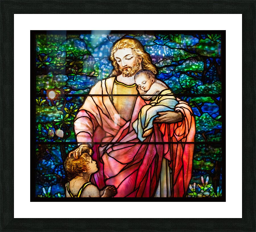 Christ and the Children. Tiffany stained glass windows from 1916  Framed Print Print
