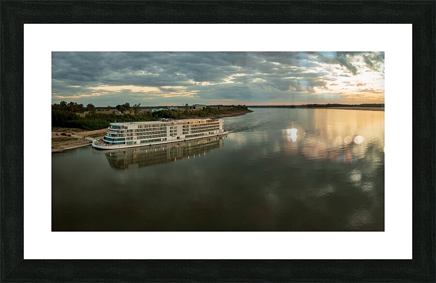 Sunset over Viking Mississippi river  cruise boat near Vicksburg  Framed Print Print