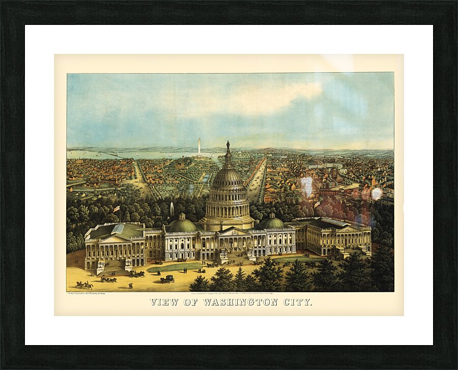 Low-angle birds-eye view of central Washington DC from 1871  Framed Print Print