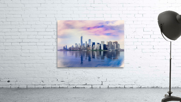 Pastel digital painting of panorama of Manhattan with calm water by Steve Heap