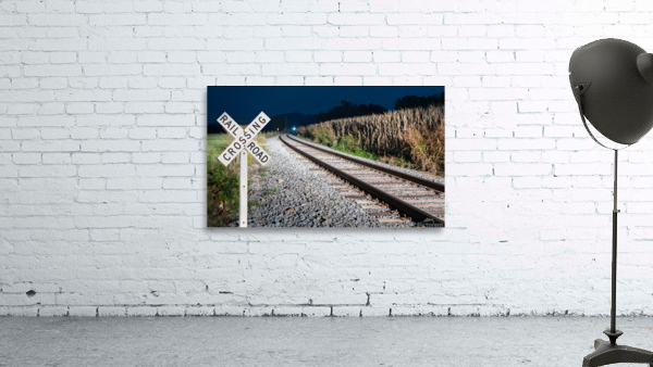Oncoming train with railroad crossing sign by Steve Heap
