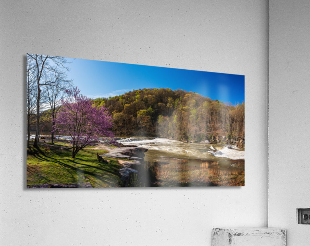 Panorama of Valley Falls WV on a spring morning with bench Acrylic Print