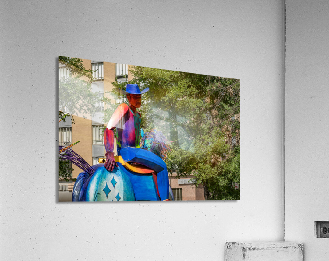 Tracking the end of the rainbow scuplture of cowboy on horse in  Impression acrylique