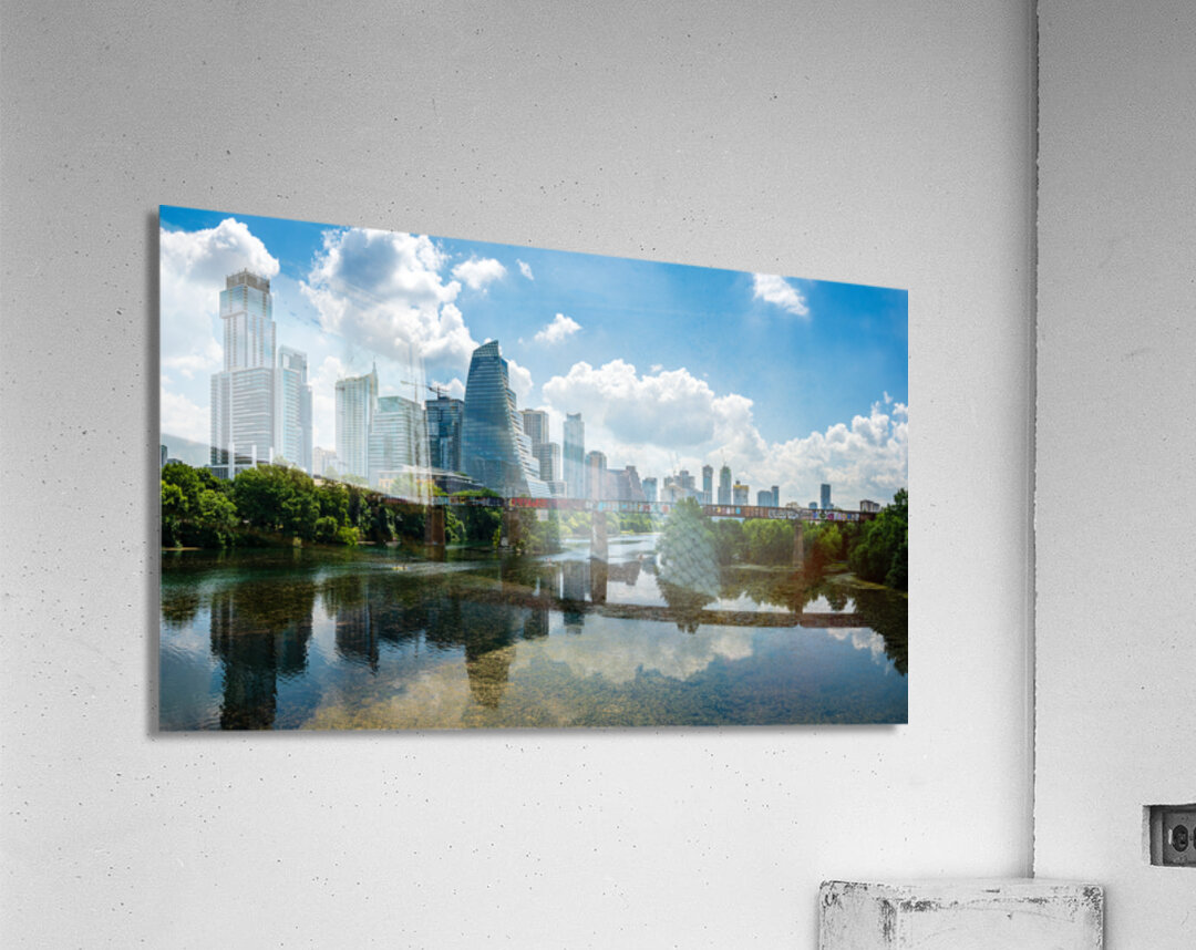 Cityscape of Austin Texas and Mopac railroad bridge by Lady Bird Acrylic Print
