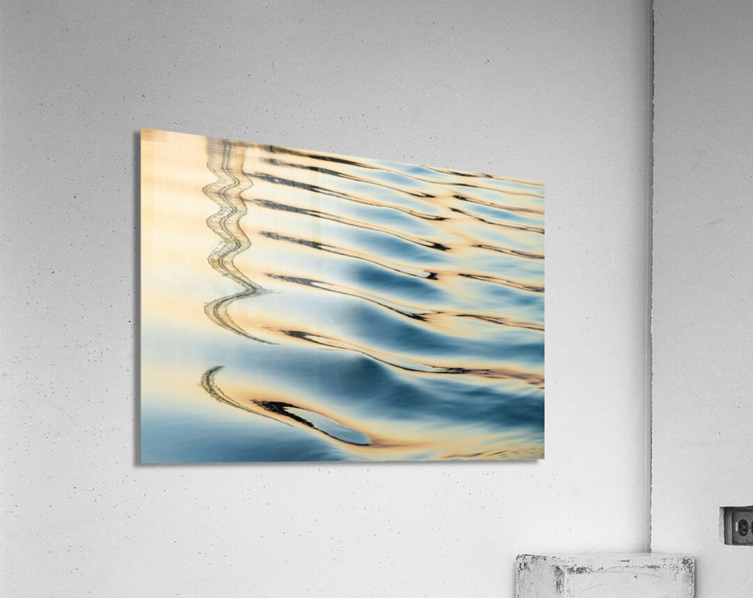 Reflections of electricity pylon at sunset in gentle river rippl Acrylic Print
