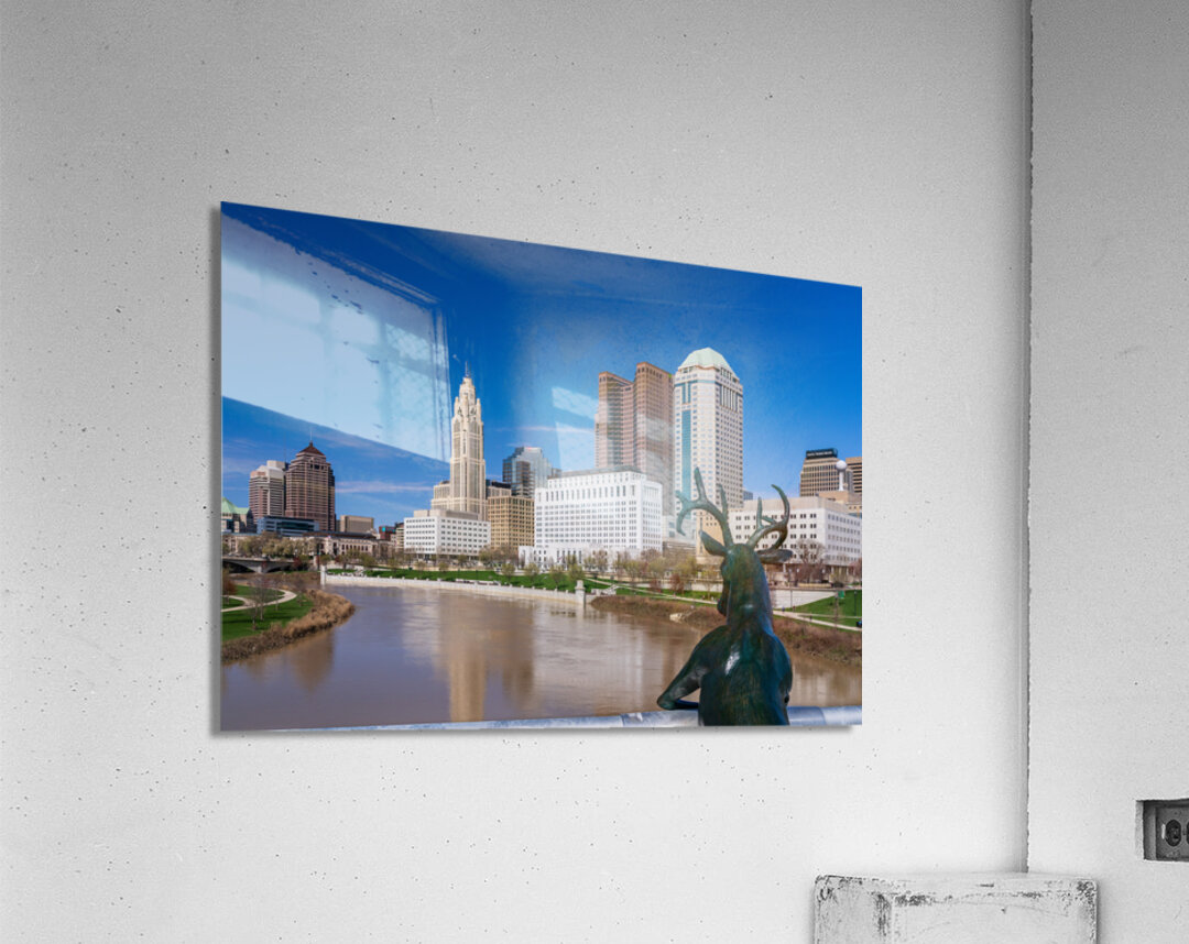 Scioto Lounge statue by waterfront looking at Columbus skyline Acrylic Print