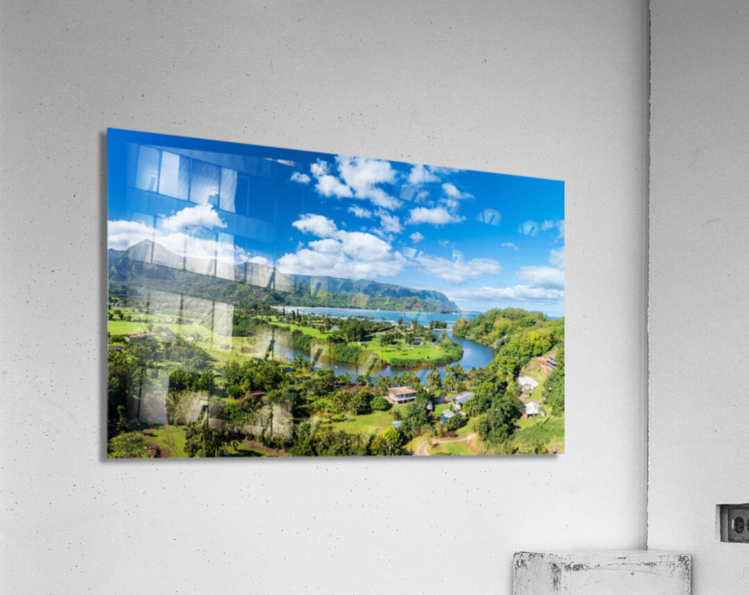 Panoramic aerial view of Hanalei Bay verdant landscape  Acrylic Print