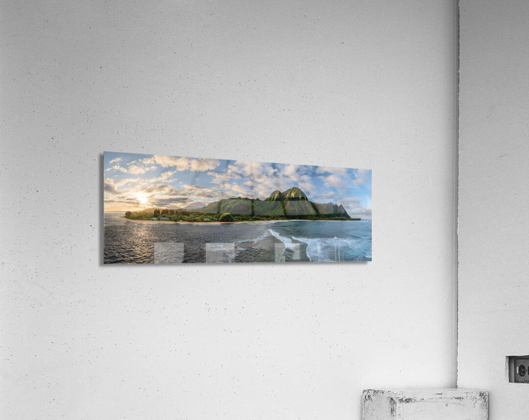Panorama of Tunnels Beach at sunset in Kauai Hawaii with st Acrylic Print