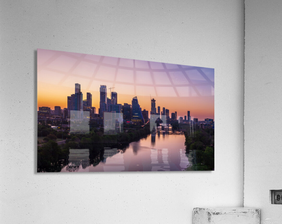 Orange skies behind skyline of Austin Texas as sun starts to ris Acrylic Print