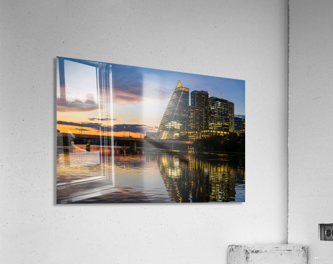 Sail like building with modern office blocks in Austin Texas sky Acrylic Print