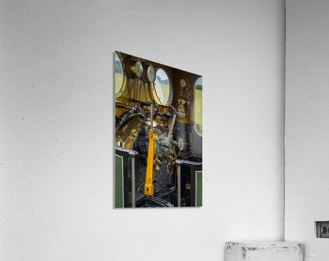 Detail of the driver cabin and controls on an old steam locomoti Acrylic Print