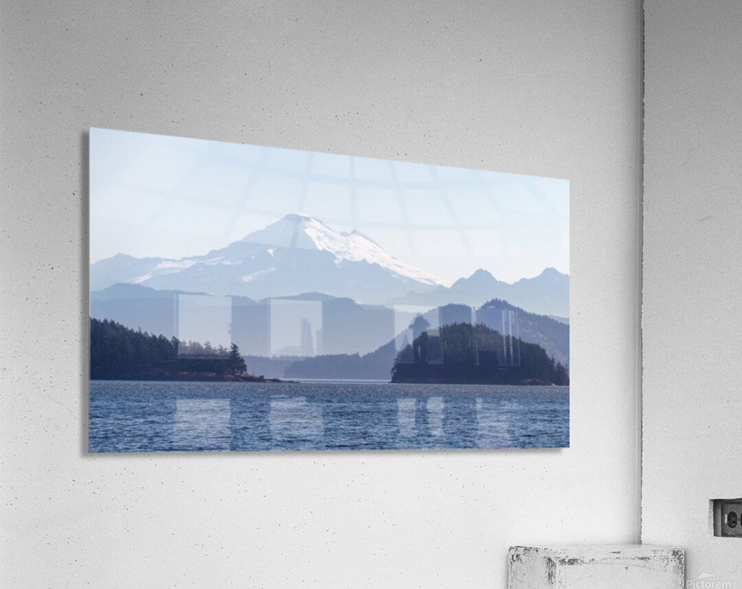 Shades of blue with Mt Baker in misty distance through Obstructi Acrylic Print