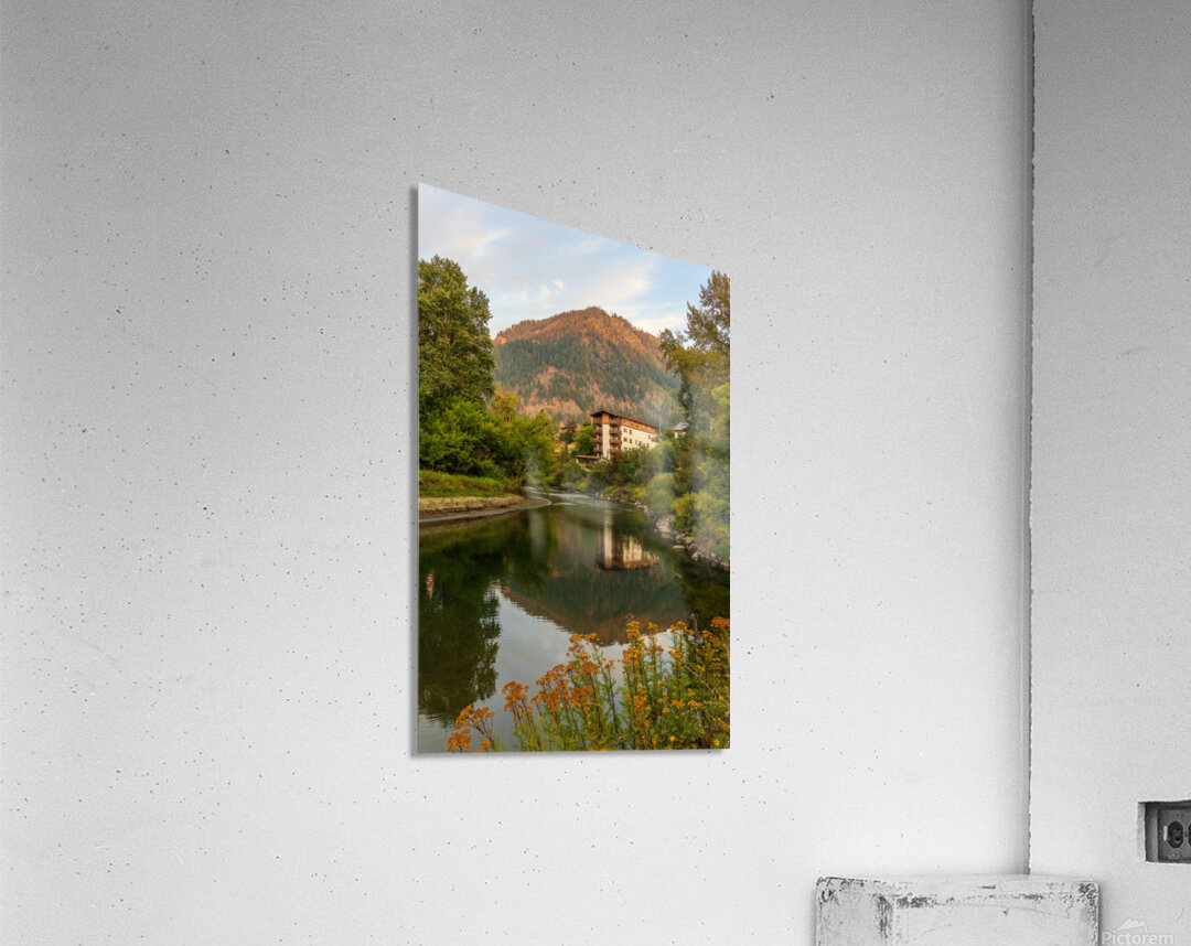 Alpine German apartment building relfects in River Wenatchee in  Acrylic Print