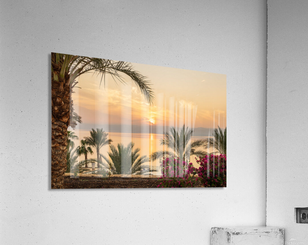 Sun setting behind the West Bank of Israel over Dead Sea Acrylic Print