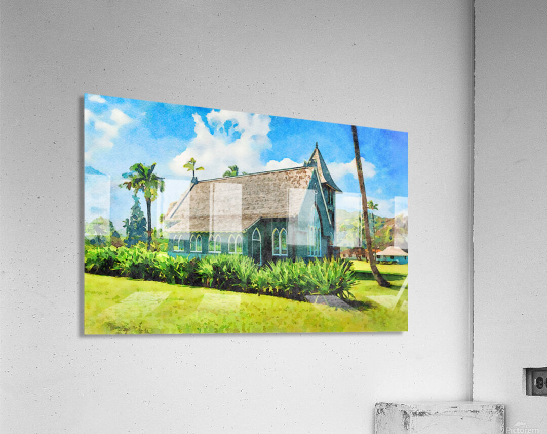 Watercolor painting of Mission or Green Church in Hanalei Kauai Acrylic Print