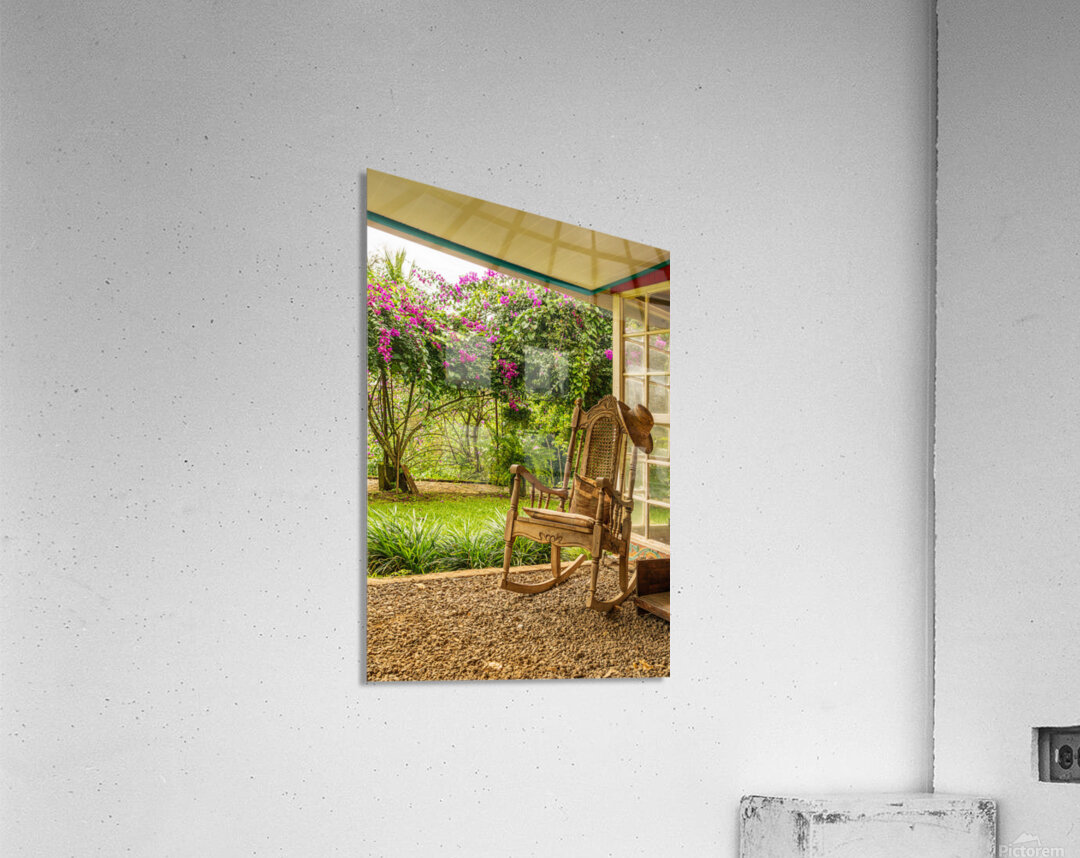 Portrait format of vintage wooden rocking chair on a porch Acrylic Print