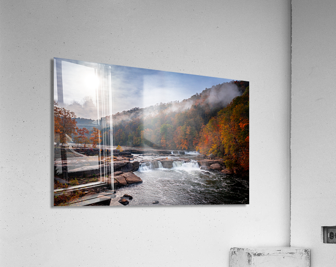 Sun rising over Valley Falls on a misty autumn day Acrylic Print