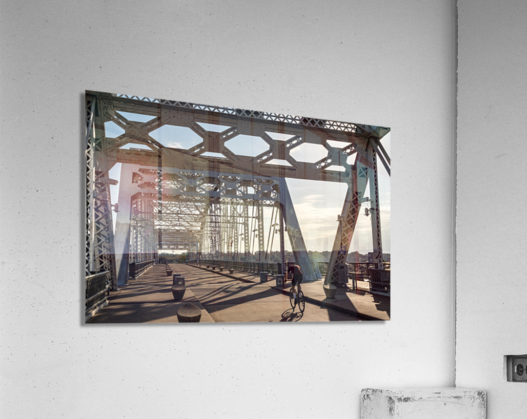 Cyclist on John Seigenthaler pedestrian bridge or Shelby street crossing Acrylic Print