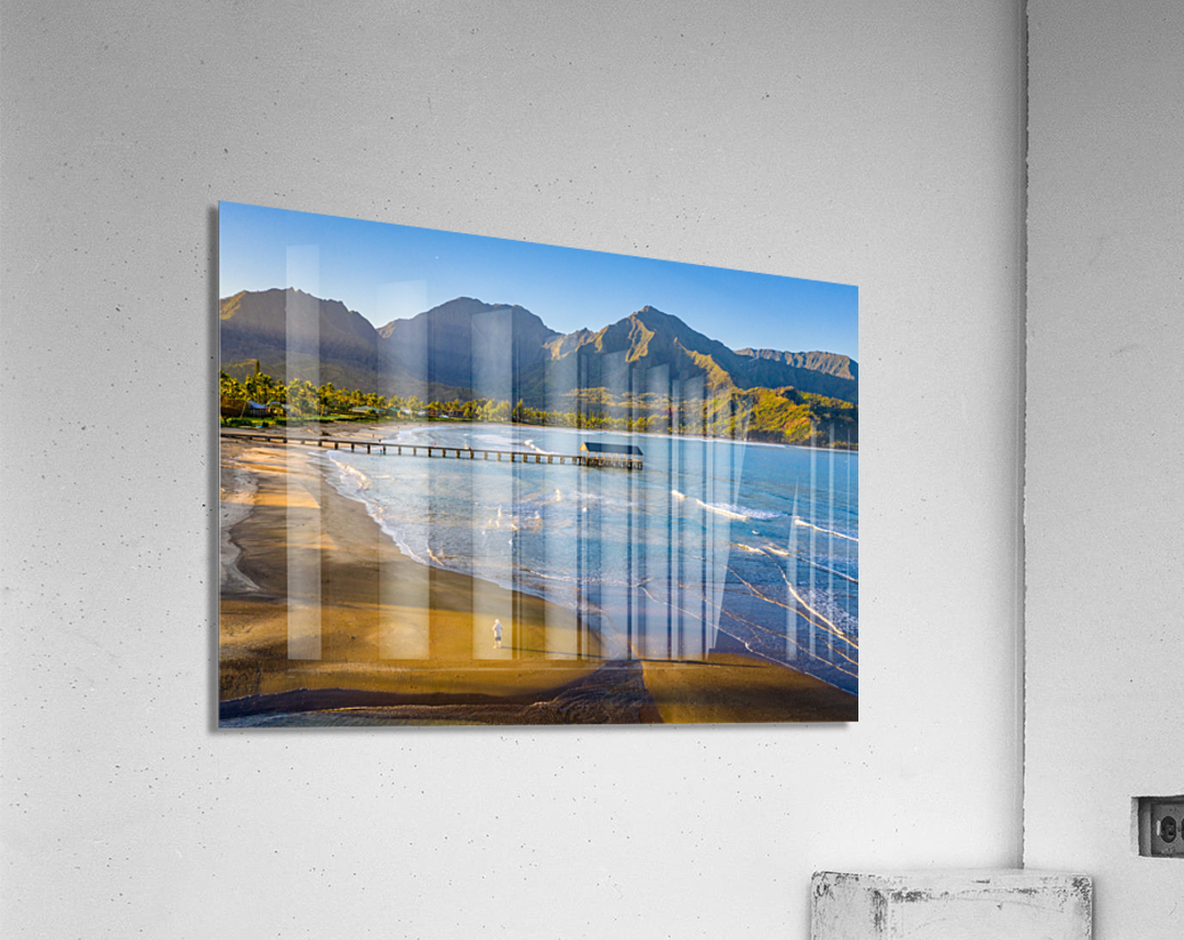 Aerial drone shot of man on the sand of Hanalei beach  Acrylic Print