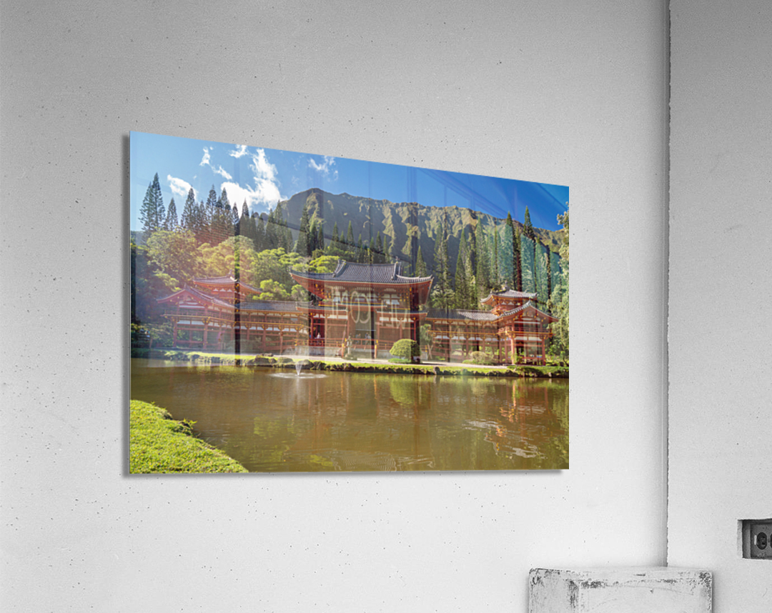 Byodo In buddhist temple under the tall mountain range Acrylic Print