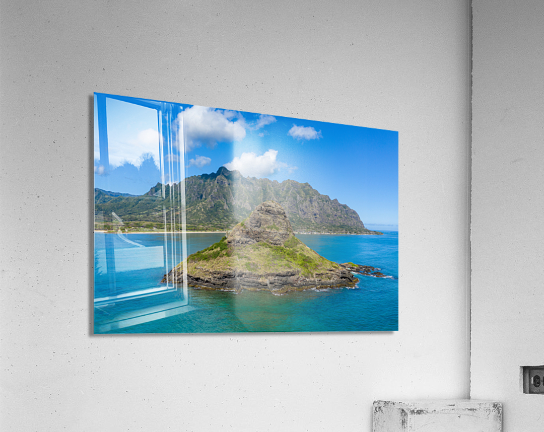 Aerial view of chinamans hat by Kualoa  regional park Acrylic Print