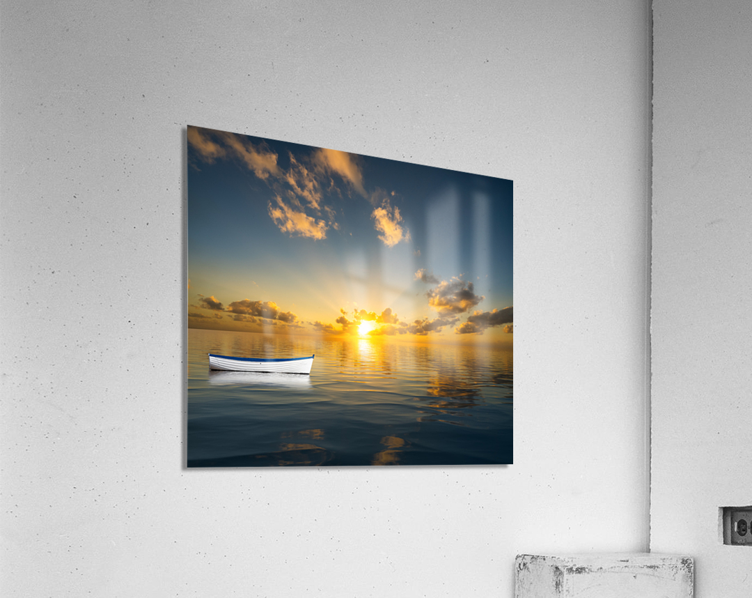 White rowing boat adrift on open ocean drifting to sunset Acrylic Print