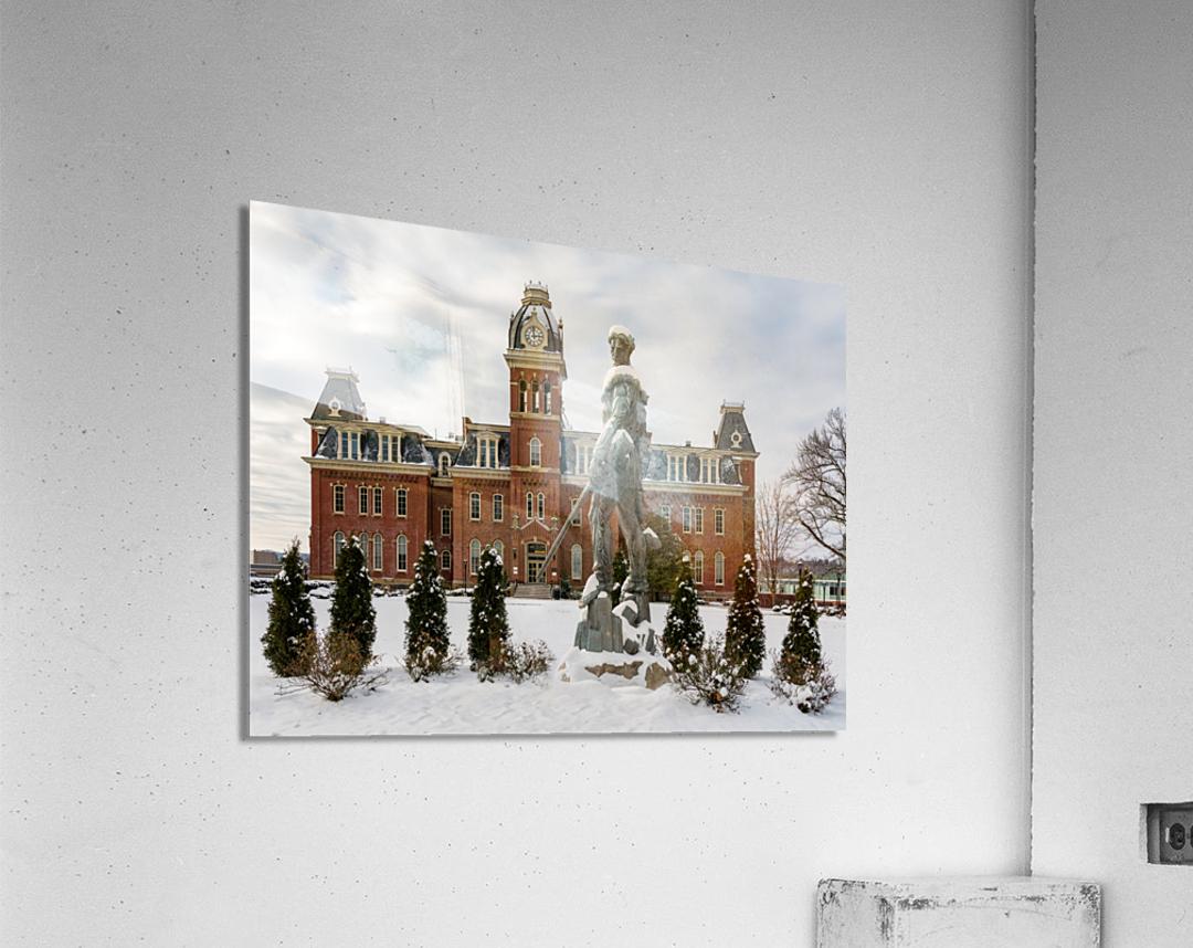 Mountaineer statue against Woodburn Hall Acrylic Print