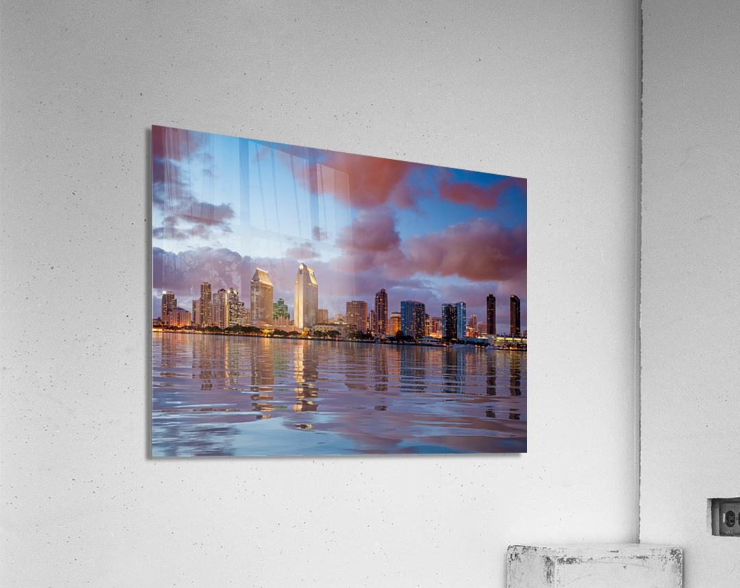San Diego skyline at dusk reflected in sea Impression acrylique