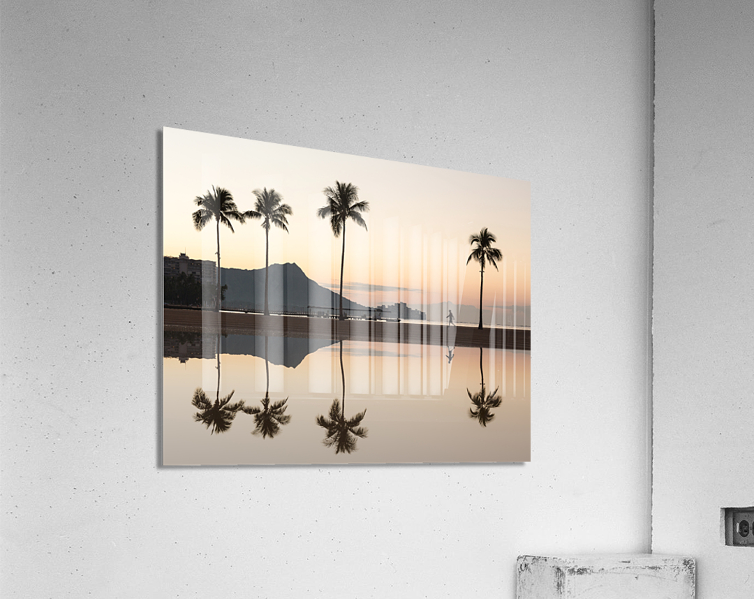 Sunrise over ocean with palm trees Acrylic Print