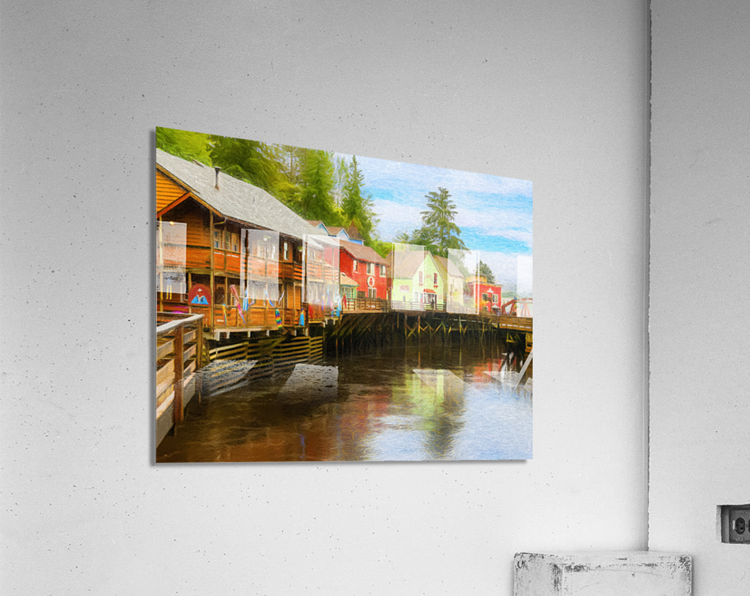 Painting of Creek Street wharf in Ketchikan Alaska Impression acrylique
