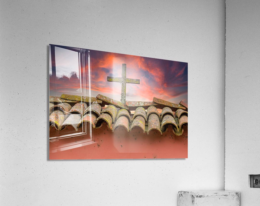 Wooden cross against brilliant sunrise at mission in California Impression acrylique