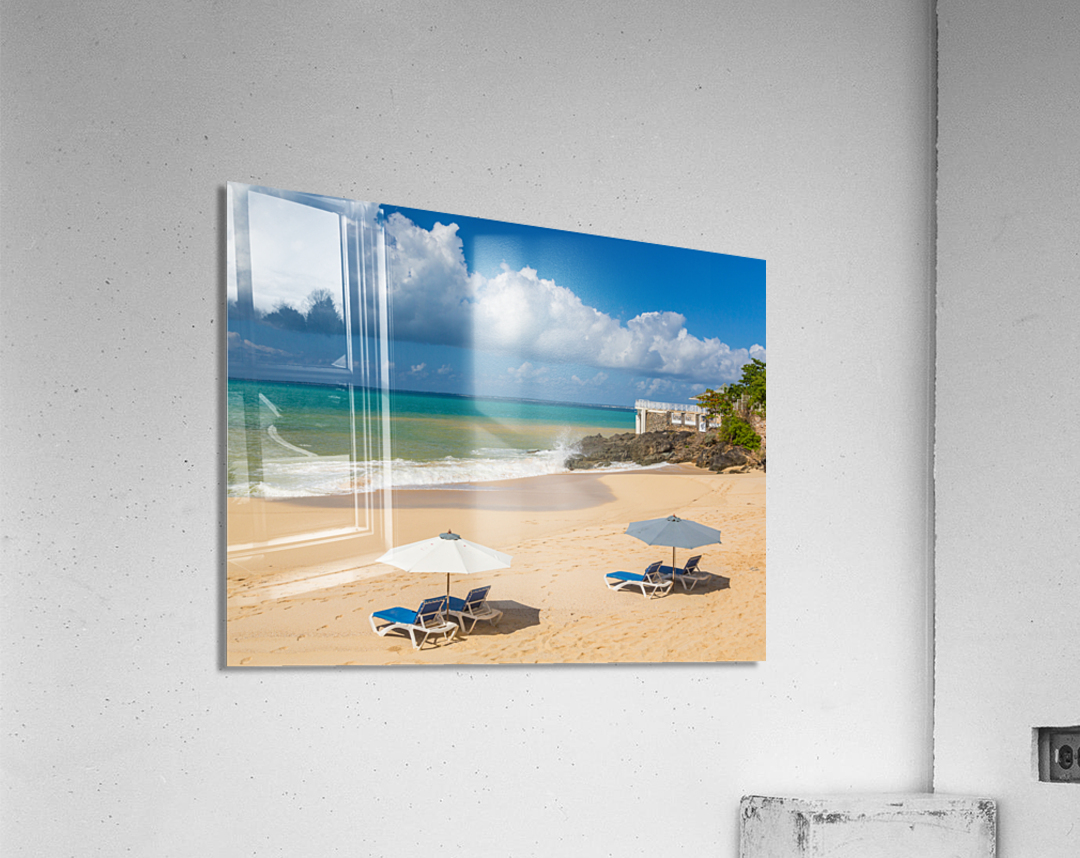 Reclining chairs and umbrella on Baie Rouge Acrylic Print