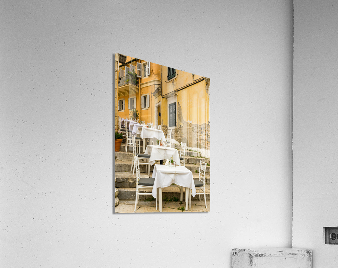 Small empty taverna in Old Town Corfu Acrylic Print