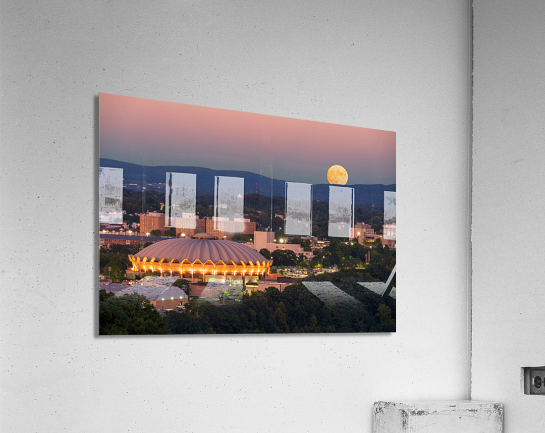 Moon rising above the Coliseum at WVU Impression acrylique