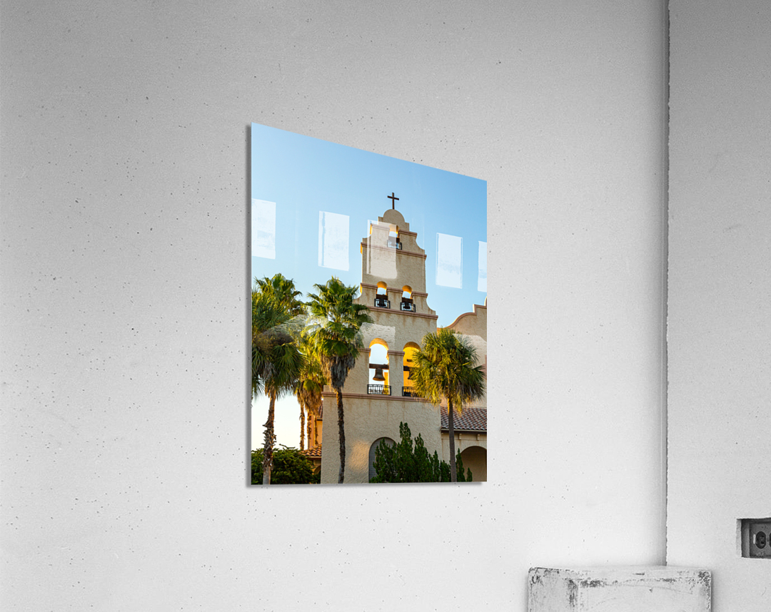 Spanish mission style church tower at sunset Acrylic Print