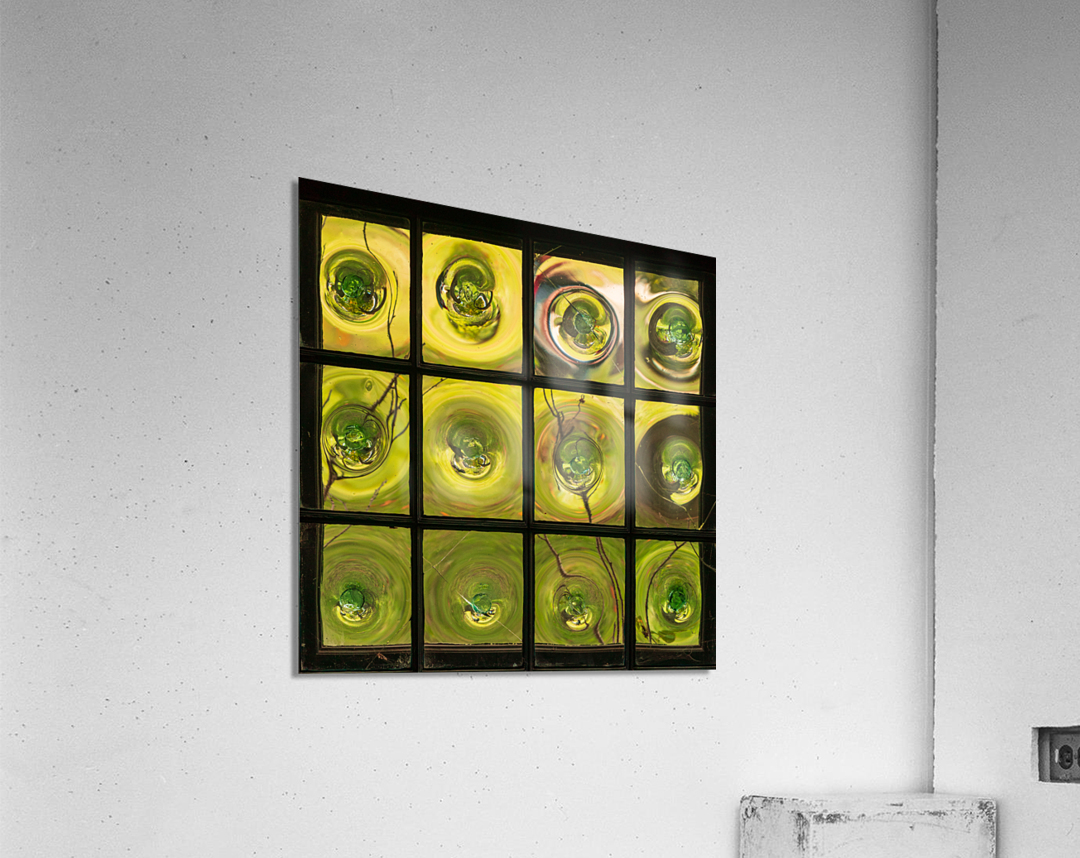 Window of old crown glass panes reflected garden Acrylic Print