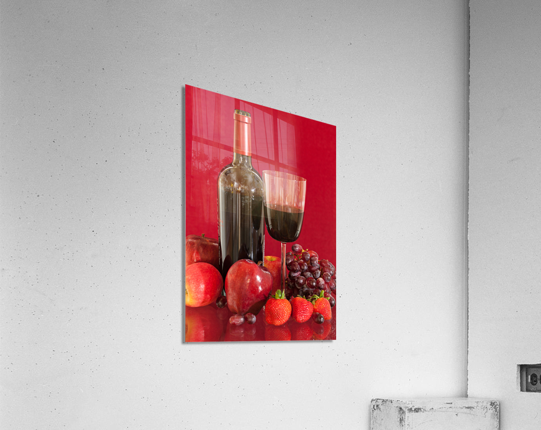 Red wine bottle and fruit with glass Acrylic Print