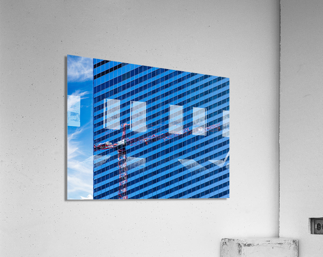 Reflection of crane in Chicago windows Acrylic Print