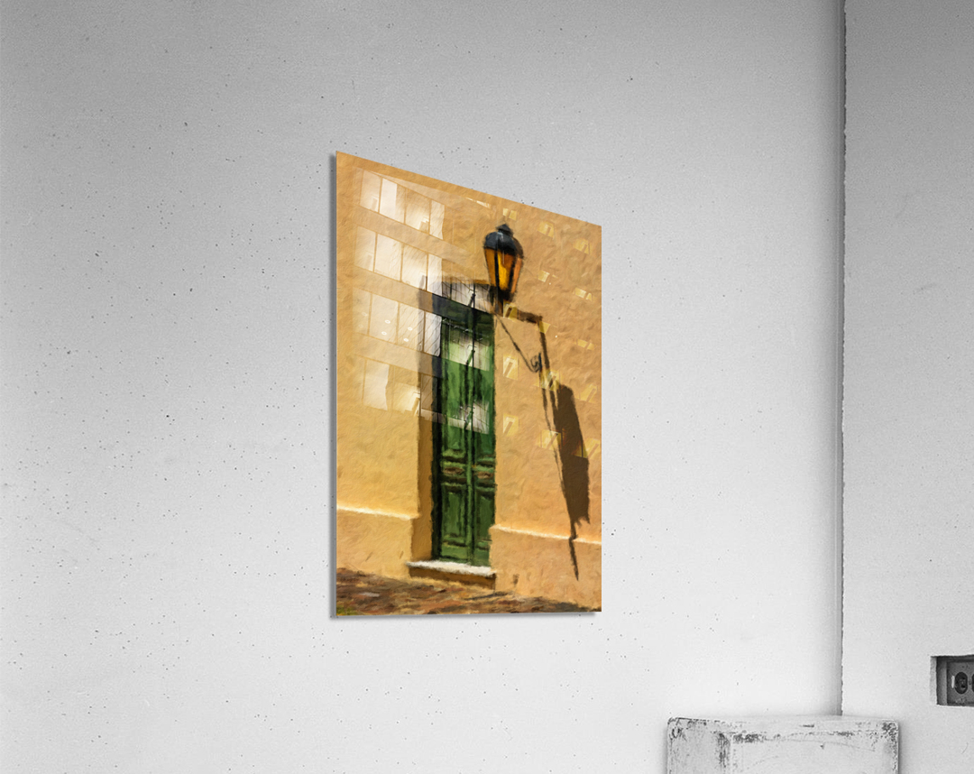 Oil painting of green door in Colonia del Sacramento Acrylic Print