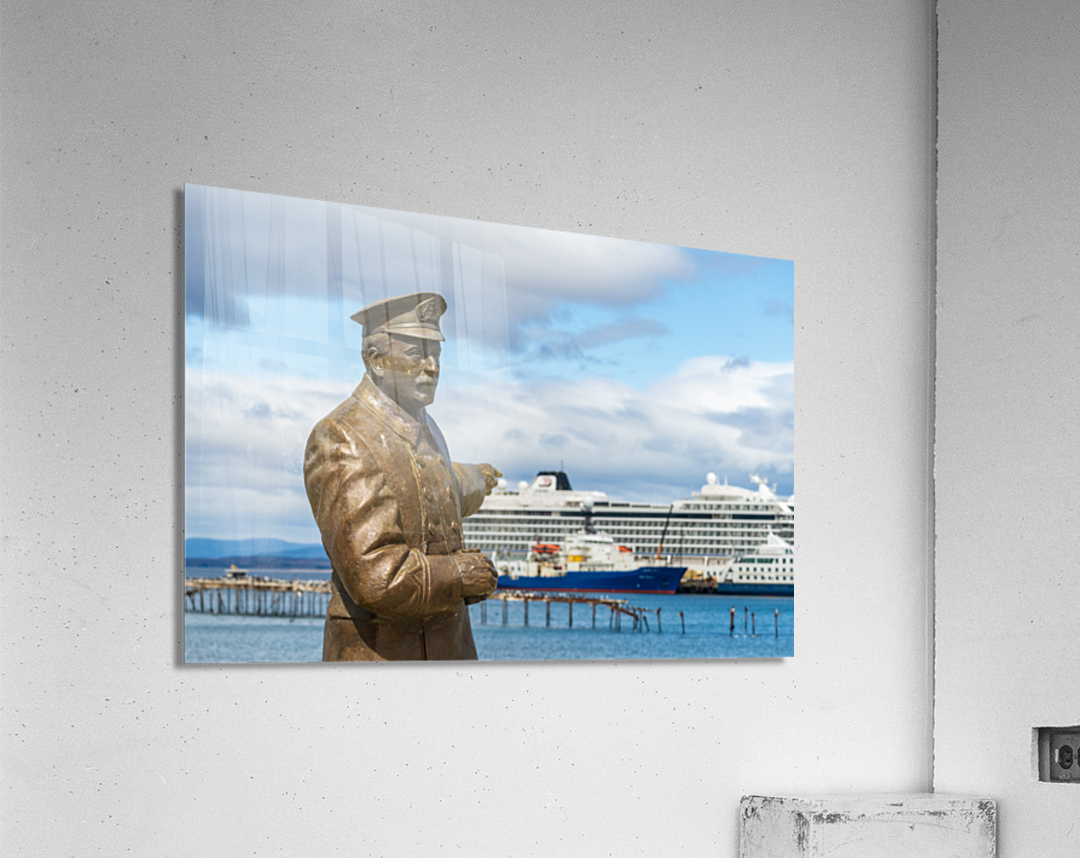 Statue of Ernest Shackleton pointing at Viking Jupiter ship in P Acrylic Print