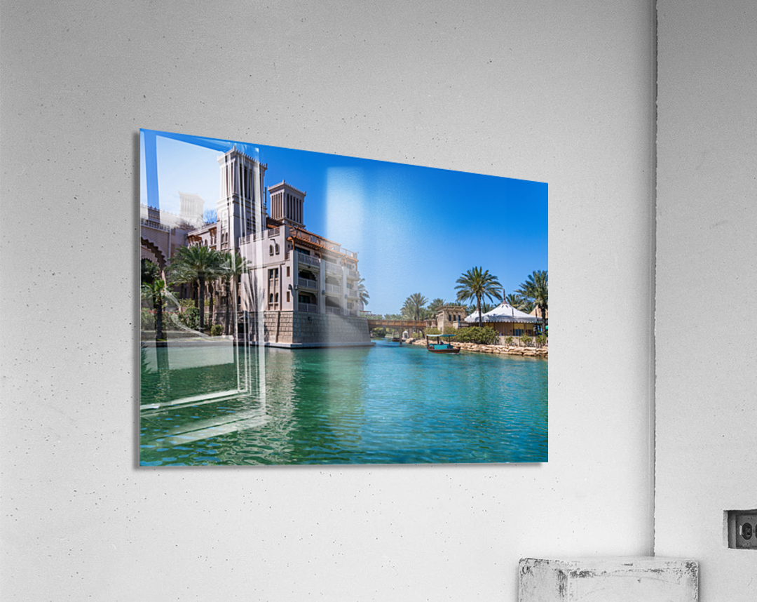 Wooden bridge over waterway in Souk Madinat Junction mall Acrylic Print