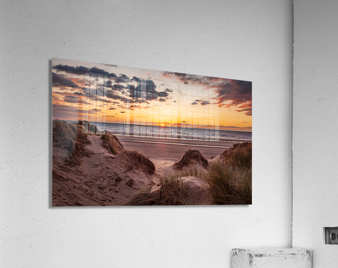 Sunset over Formby Beach through sand dunes Acrylic Print
