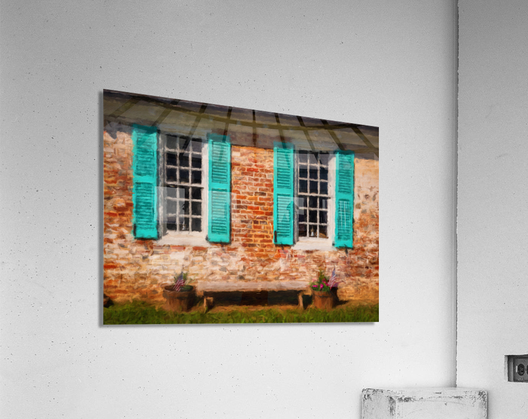 Painting of blue shutters against a white painted brick wall in  Acrylic Print