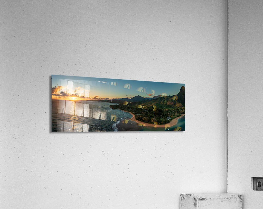 Aerial panorama of sunrise over Tunnels Beach Kauai Hawaii Acrylic Print