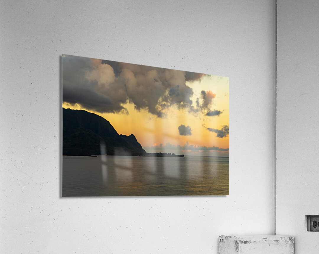 Sunrise over Hanalei bay with silhouette of north shore peaks Acrylic Print