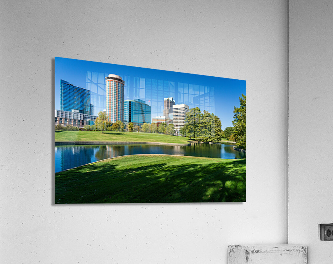 Offices and cityscape of St Louis Missouri seen from lake Acrylic Print