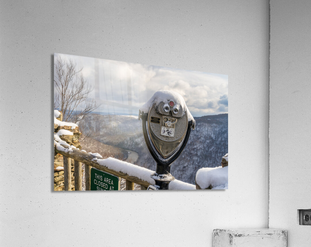 Binoculars on Coopers Rock overlook on snowy day Acrylic Print