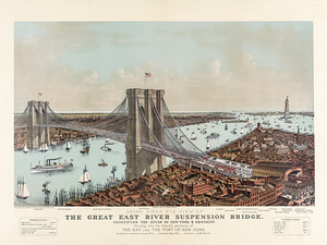 Restored 1892 engraving of Brooklyn Bridge in NYC