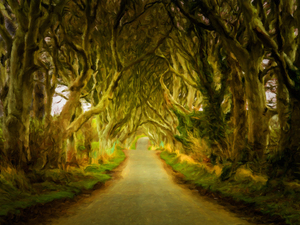 Dark Hedges road through old trees in digital oil