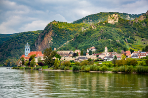 Ancient town of Durnstein in Austria on riverbank